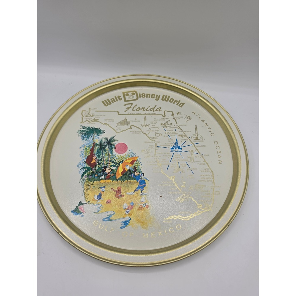 Vintage Walt Disney World Florida Map Souvenir Metal Tray Mickey Mouse 11 Inch
